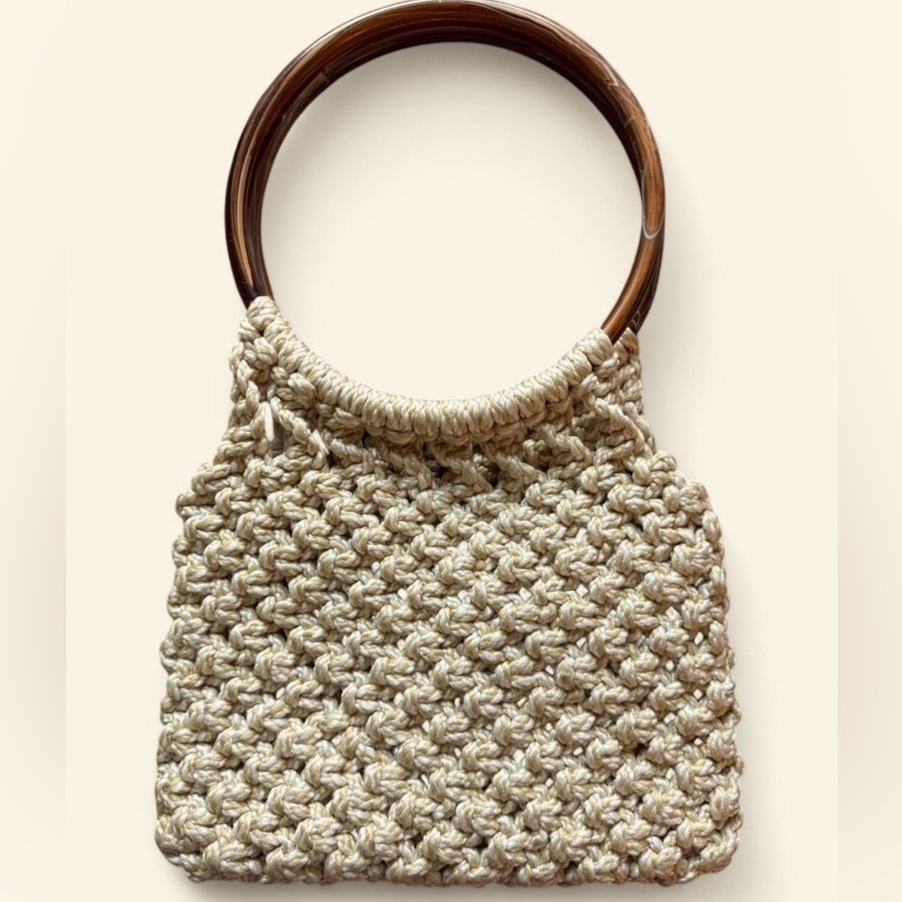 Vintage Cream Crotchet Bag with Wooden Handles